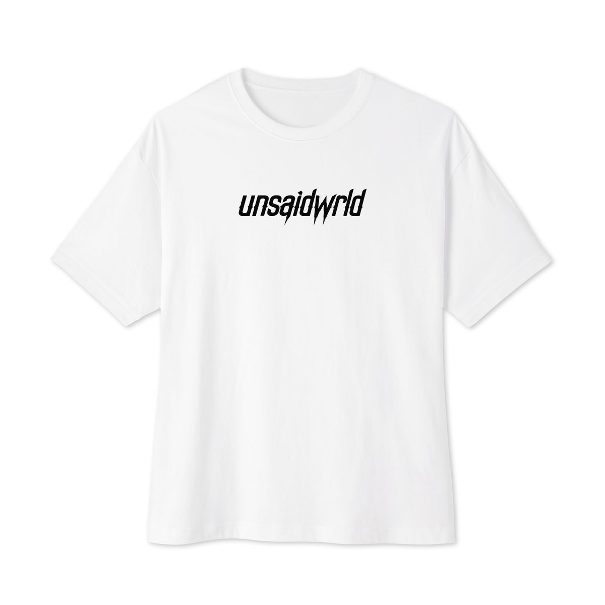 White oversized boxy tee, front view, with the unsaidwrld logo printed on the upper chest